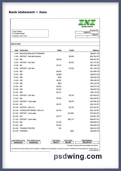 Australia ZNZ Bank Statement (Word)